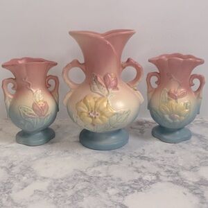 VINTAGE Hull art pottery floral magnolia pink & blue 3 set decorative 1940 vases
